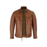 Men's Cafe Racer Brown Leather Jacket - 100% Real Waxed Cowskin with Zipper Closure