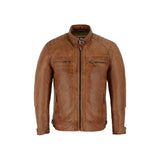 Men's Cafe Racer Brown Leather Jacket - 100% Real Waxed Cowskin with Zipper Closure
