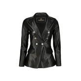 Women’s Double Breasted Blazer Jacket - Genuine Leather with Button Closure