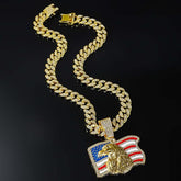 Gold Eagle Pendant Chain with American Flag – Iced Out Cuban Link Necklace