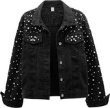 Women's Pearls Denim Jacket Cropped Rhinestones Jean Jacket
