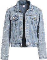 Women's Pearls Denim Jacket Cropped Rhinestones Jean Jacket