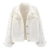 Women's Pearls Denim Jacket Cropped Rhinestones Jean Jacket