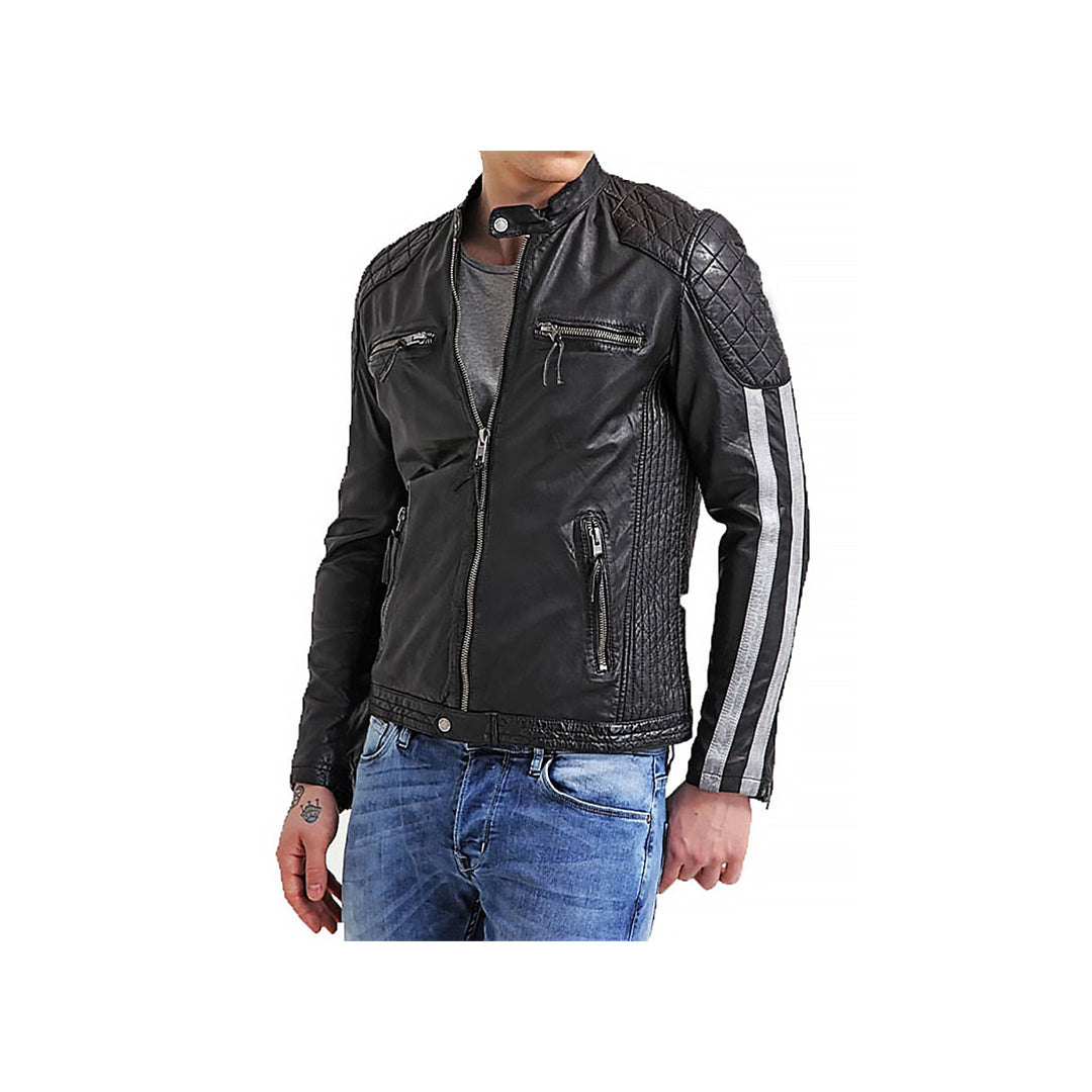 Double Striped Snap Collar Moto Jacket Fashion Wear Apparel