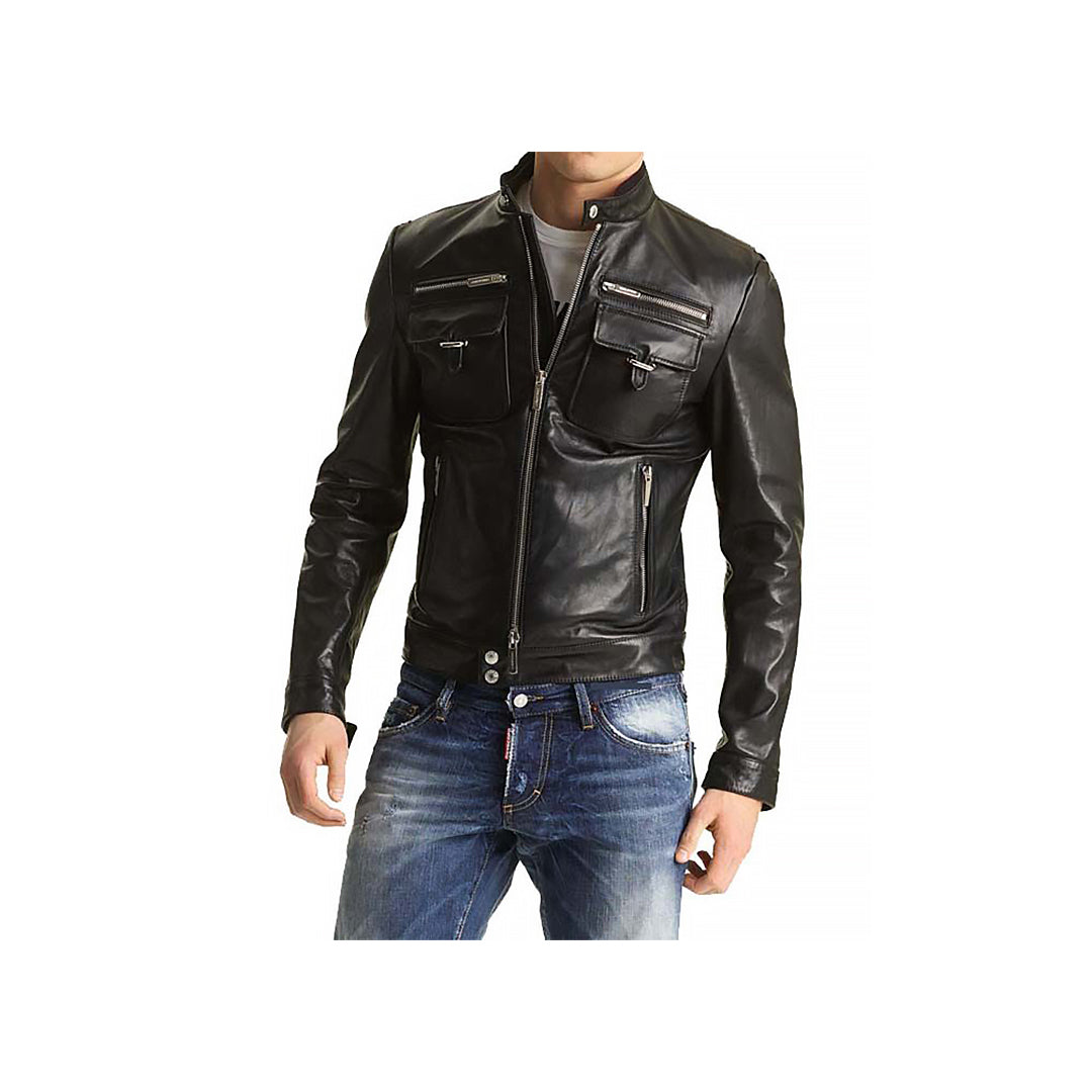 Slim Fit Moto Leather Jacket Fashion Wear Apparel