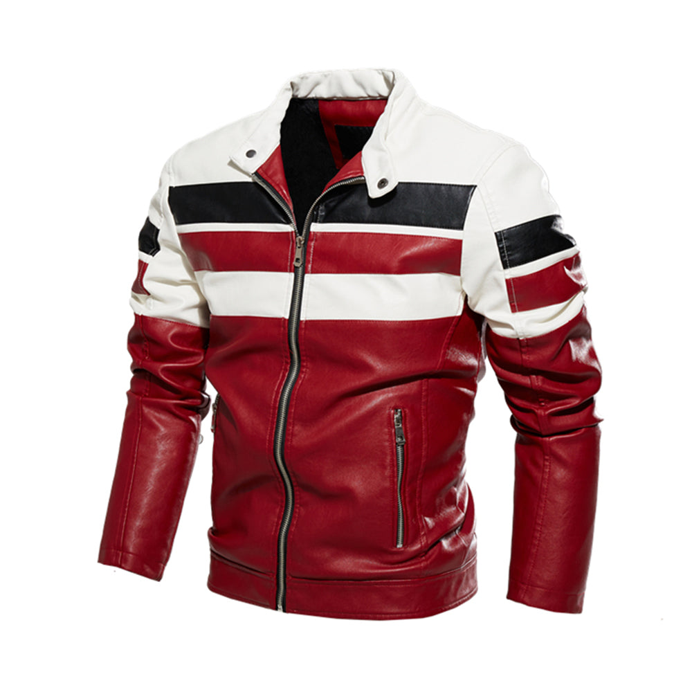 Moto Color Block Leather Jacket Fashion Wear Apparel