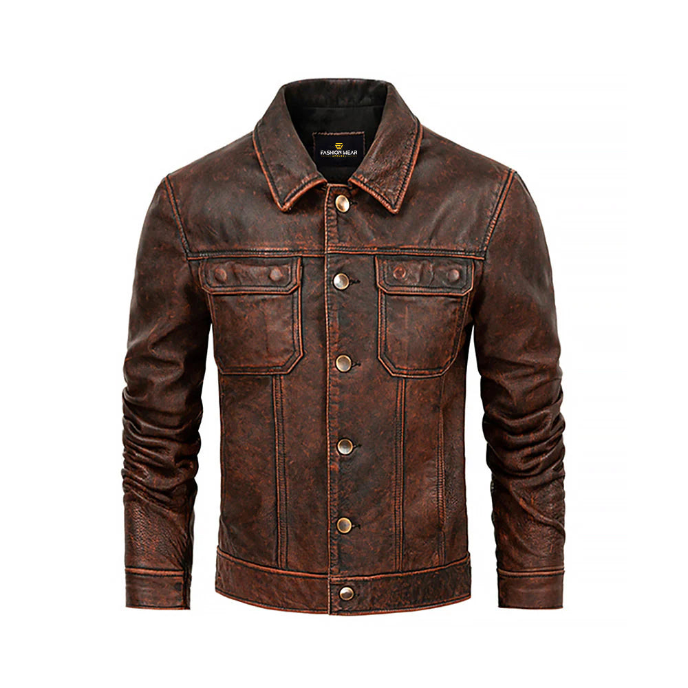 Vintage Distressed Leather Jacket Fashion Wear Apparel