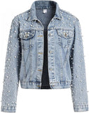 Women's Pearls Denim Jacket Cropped Rhinestones Jean Jacket
