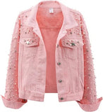 Women's Pearls Denim Jacket Cropped Rhinestones Jean Jacket